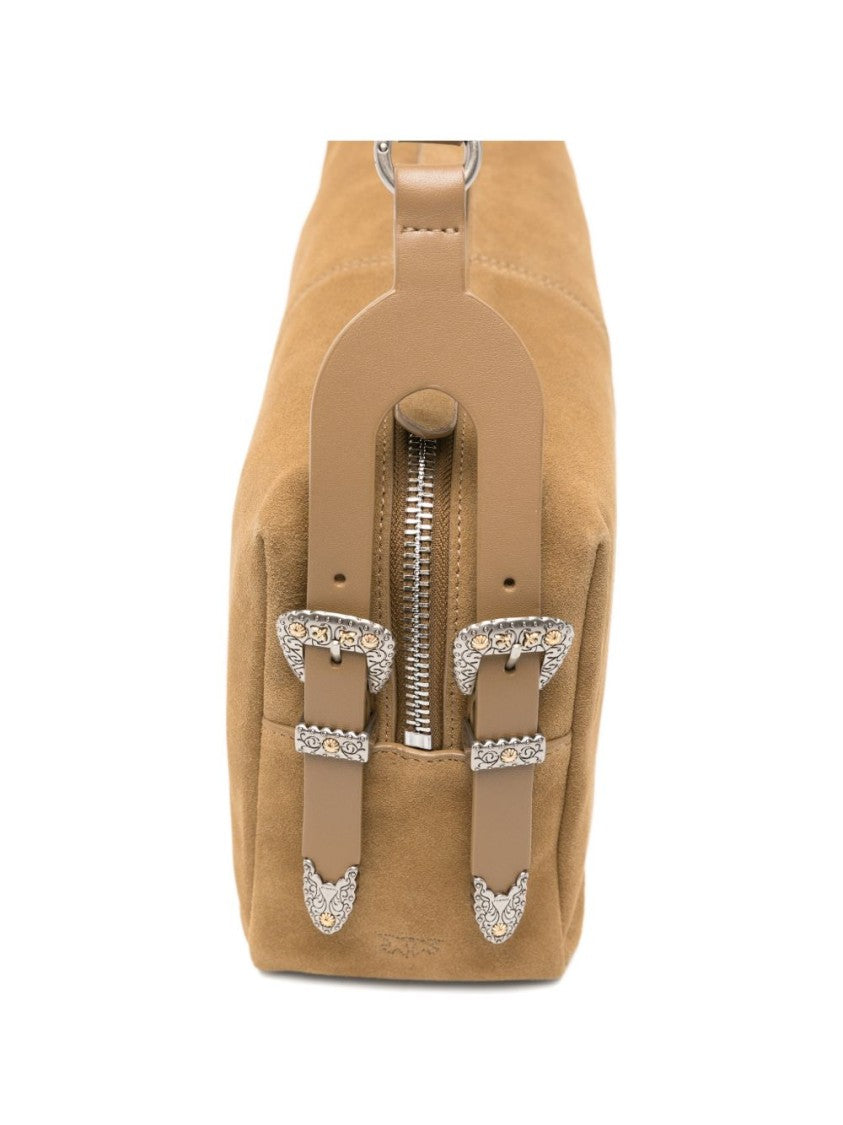 Pinko Tan Suede Buckle Shoulder Bag