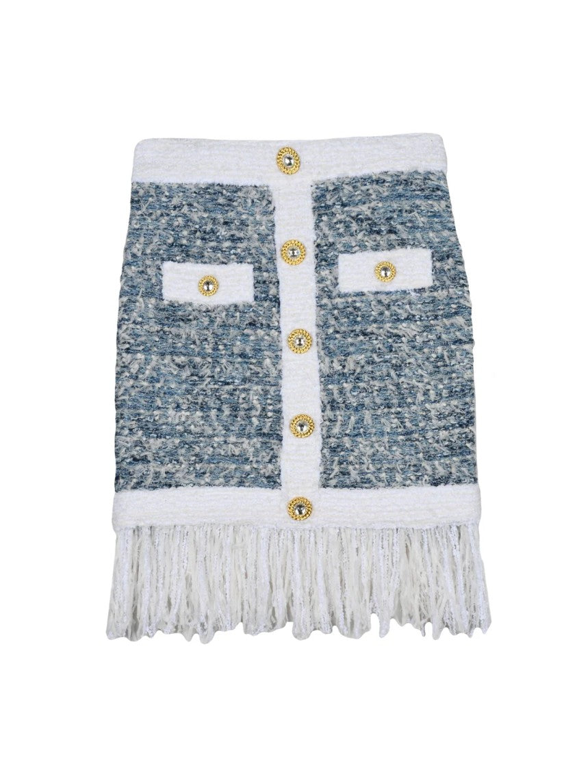 Balmain Textured Bouclé Mini Skirt With Fringe Hemline And Gold Accents