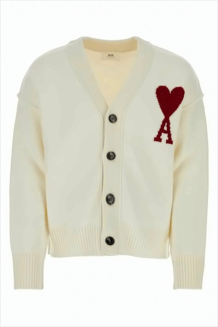 Ami Paris Cropped Wool Cardigan With Embroidered Heart Detail