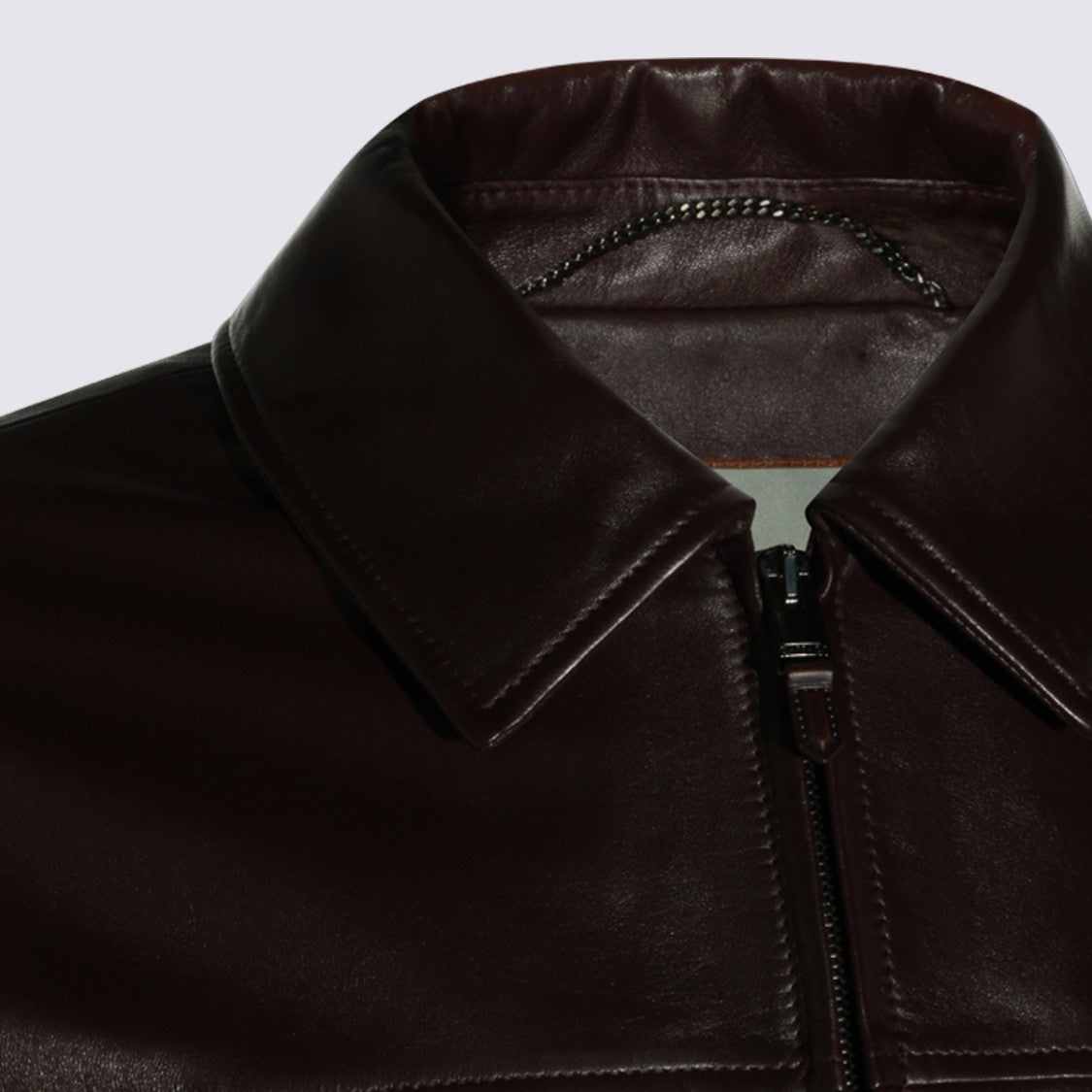 Canali Dark Brown Leather Jacket With Classic Collar And Minimalist Design