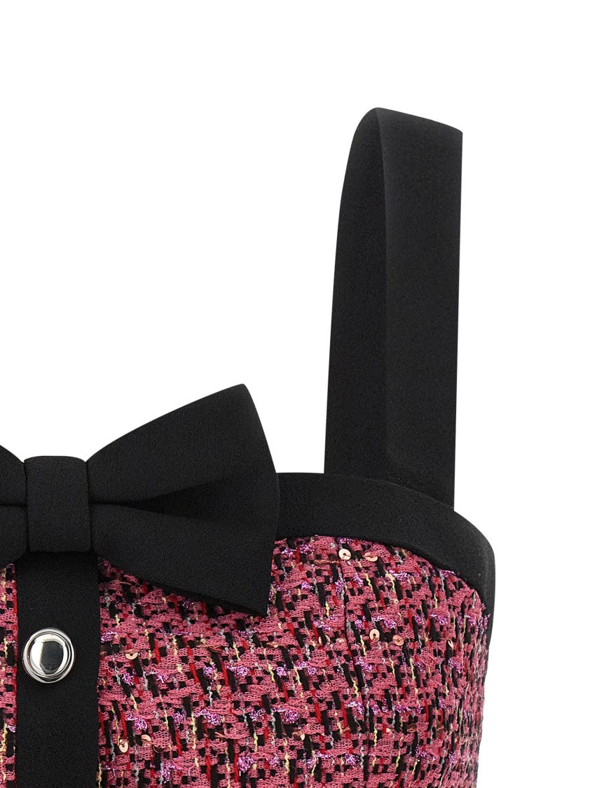 Alessandra Rich Wool Blend Tweed Top With Micro-Sequin Embroidery And Bow Detail