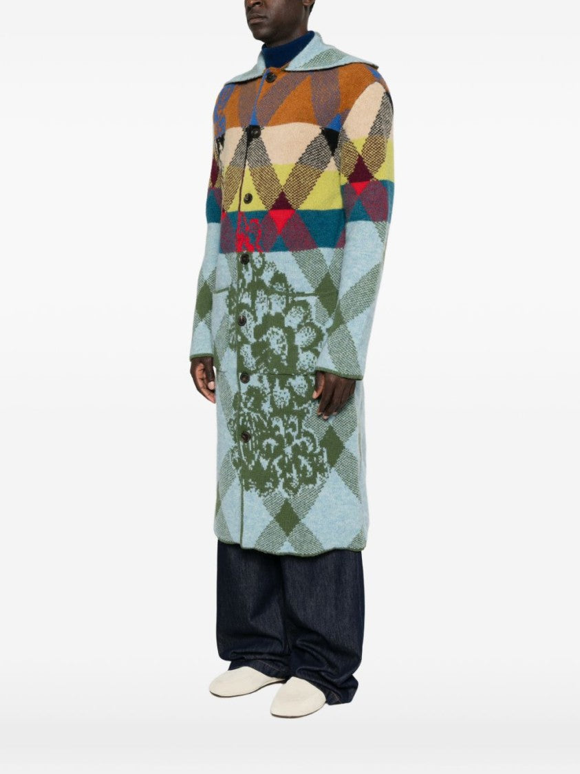 Dries Van Noten Mid-Length Diamond Patterned Coat With Structured Collar