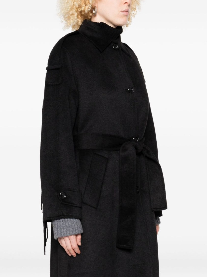 Liu Jo Mid-Length Black Coat With Decorative Fringe Detail