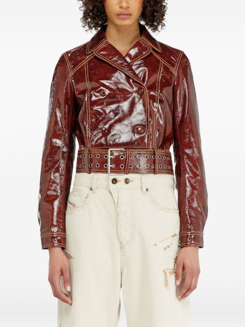 Diesel Cropped Brown Patent Leather Jacket With Double-Breasted Front