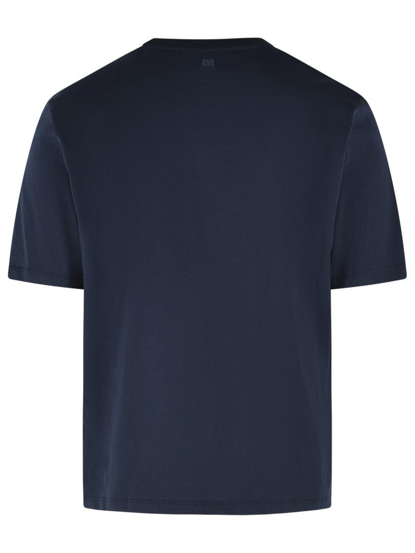 Ami Paris Classic Blue Cotton T-Shirt With Ribbed Neckline