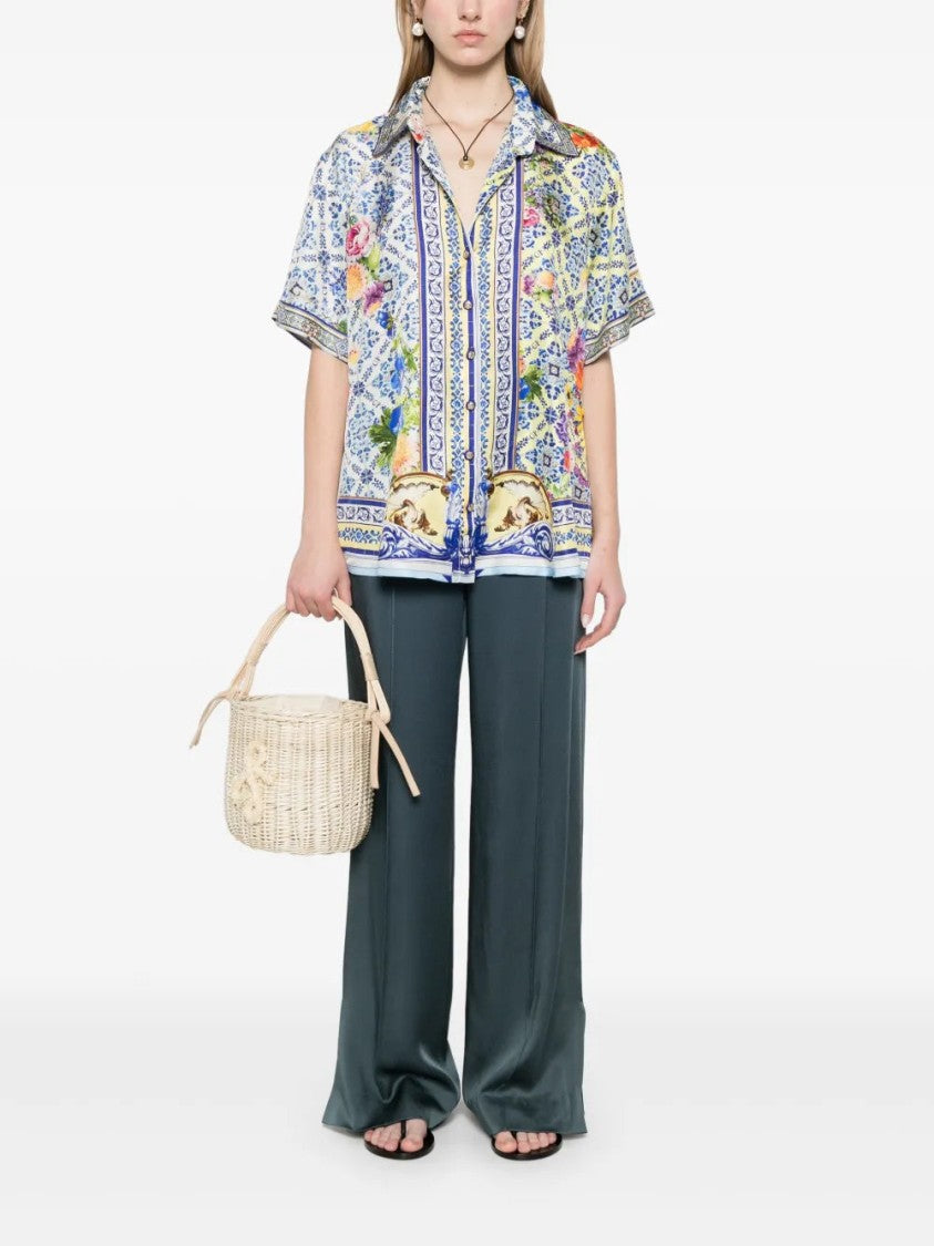 Camilla Vibrant Floral Print Silk Shirt With Classic Collar