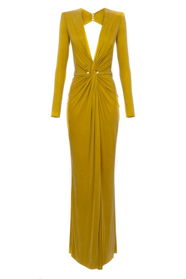 Elisabetta Franchi Draped Yellow Evening Dress With Deep V-Neckline