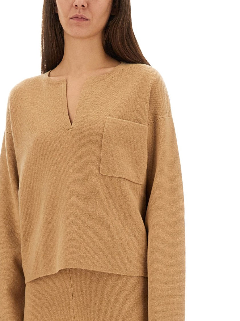Max Mara Relaxed Fit Brown Knit Sweater With V-Notch Neckline