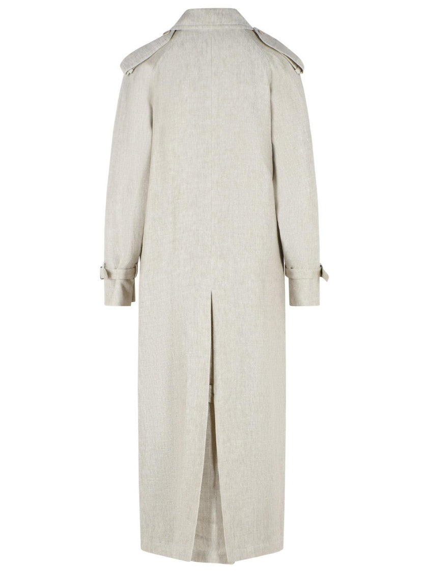 Max Mara Double-Breasted Duster In 'Drill' Of Pure Beige Sand Linen