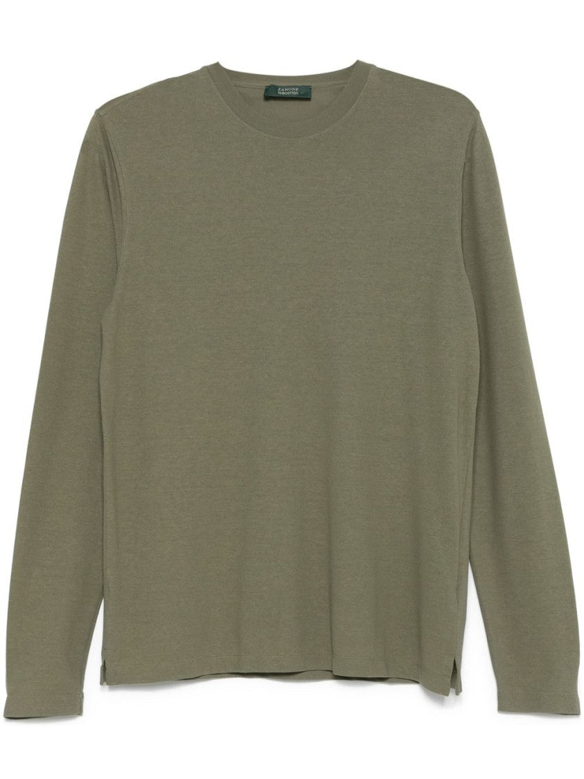 Zanone Relaxed-Fit Green Cotton Sweatshirt With Side Slits