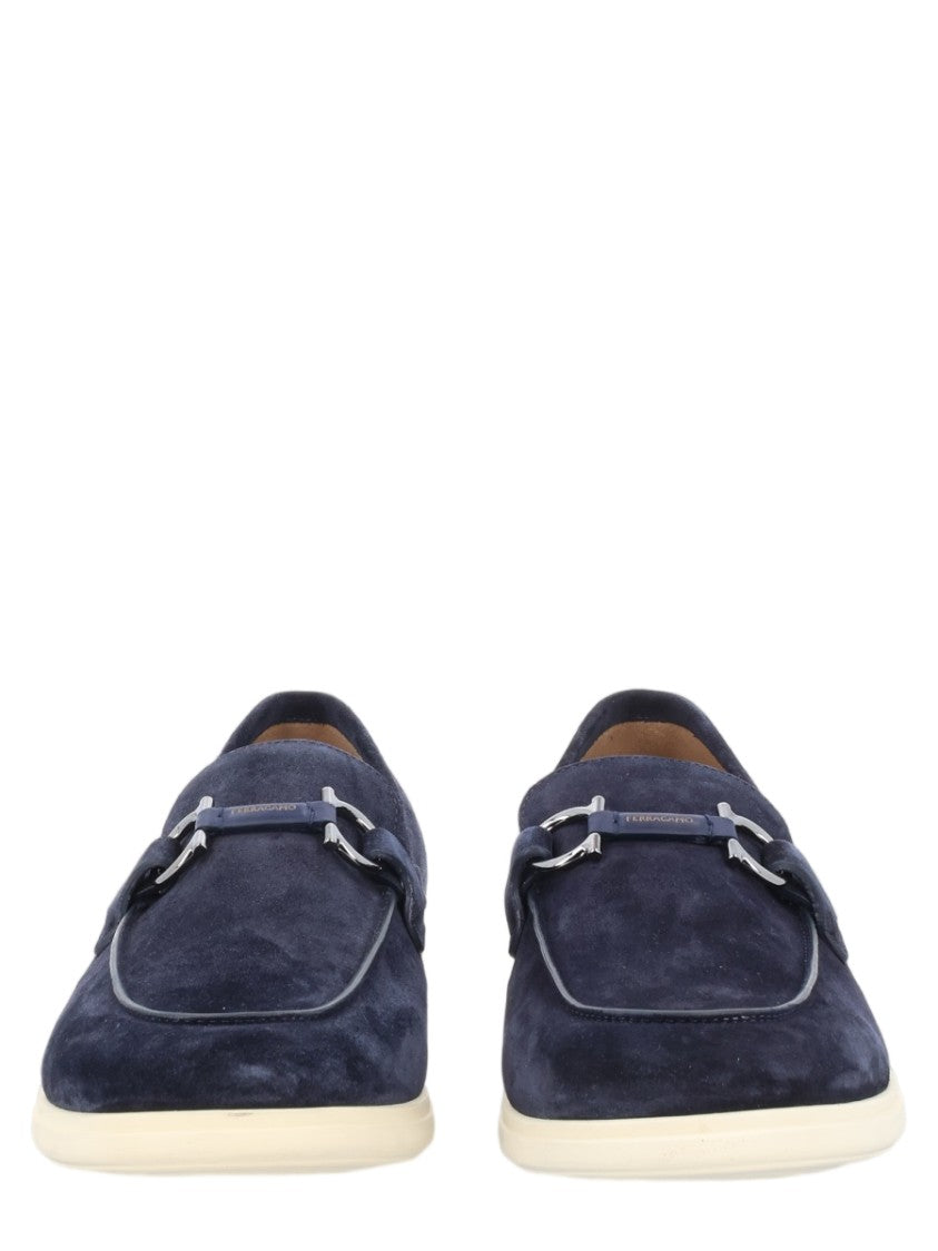 Ferragamo Deep Blue Suede Loafers With Silver-Toned Accents