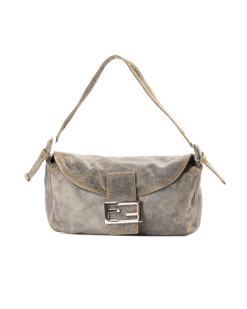 Fendi Small Denim Hobo Bag With Signature Ff Logo And Adjustable Strap
