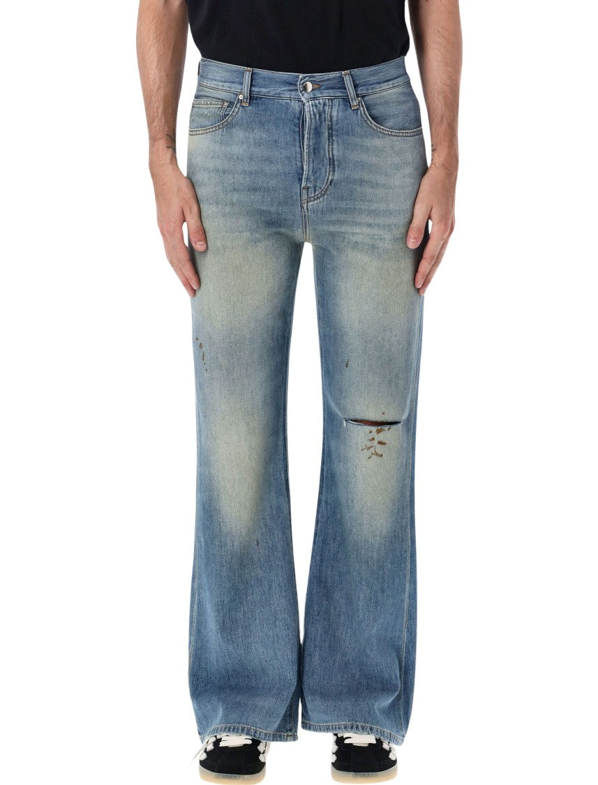 Amiri Slash Aged Wash Cut-Knee Distressed Bootcut Jeans