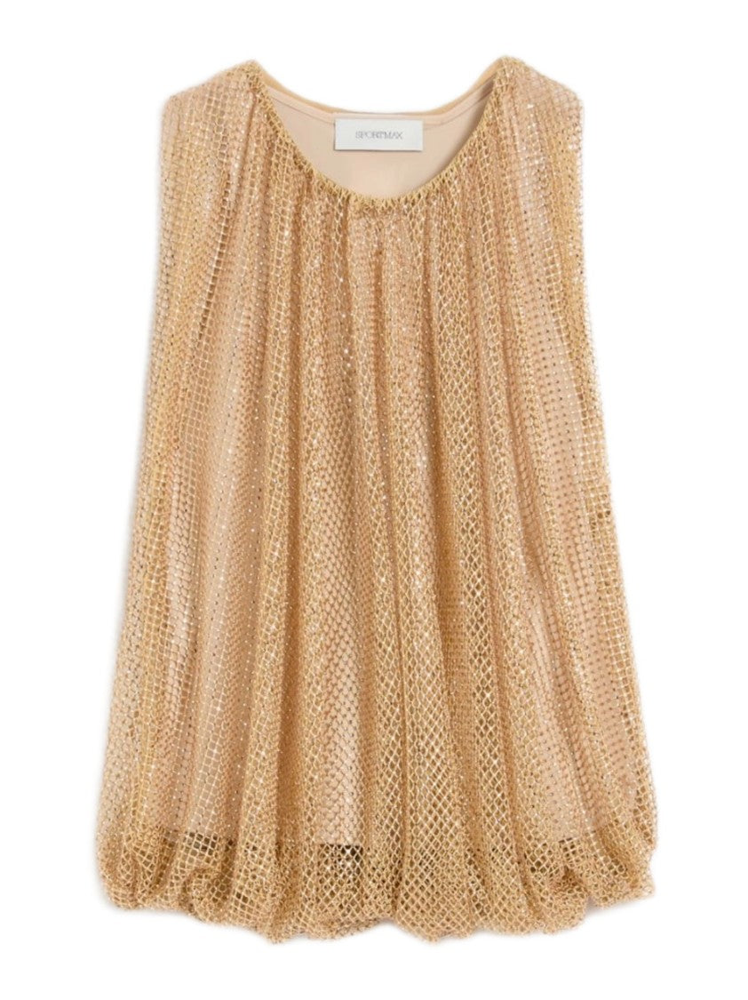 Max Mara Airy Camel Mesh Top With Gathered Neckline