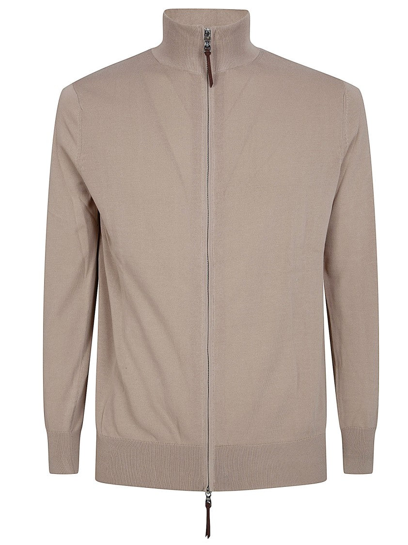 Ballantyne Full Zip Knit Sweater With Ribbed Collar And Leather Detail