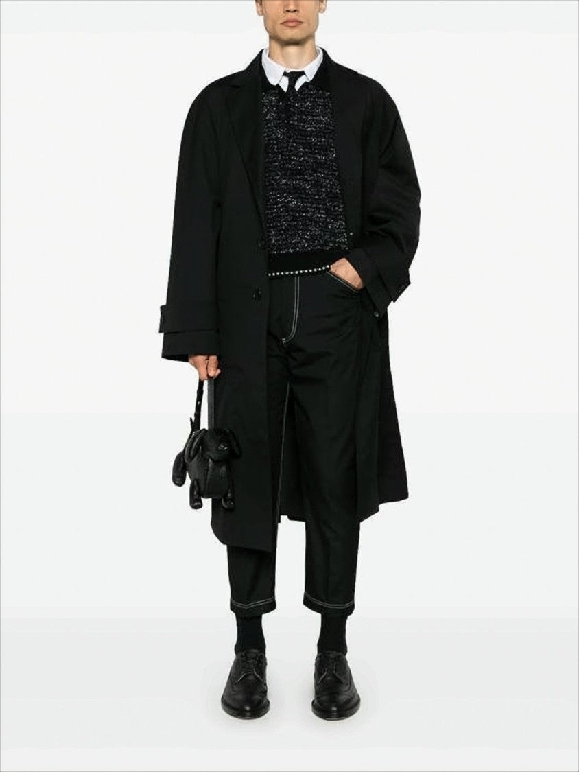 Thom Browne Long Black Wool Coat With Tailored Silhouette And Tricolor Accents