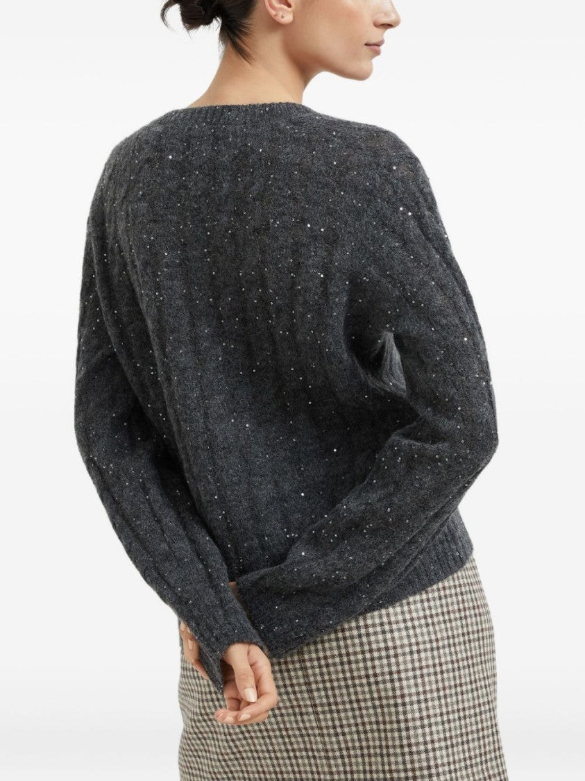 Brunello Cucinelli Textured Grey Knit Sweater With V-Neckline