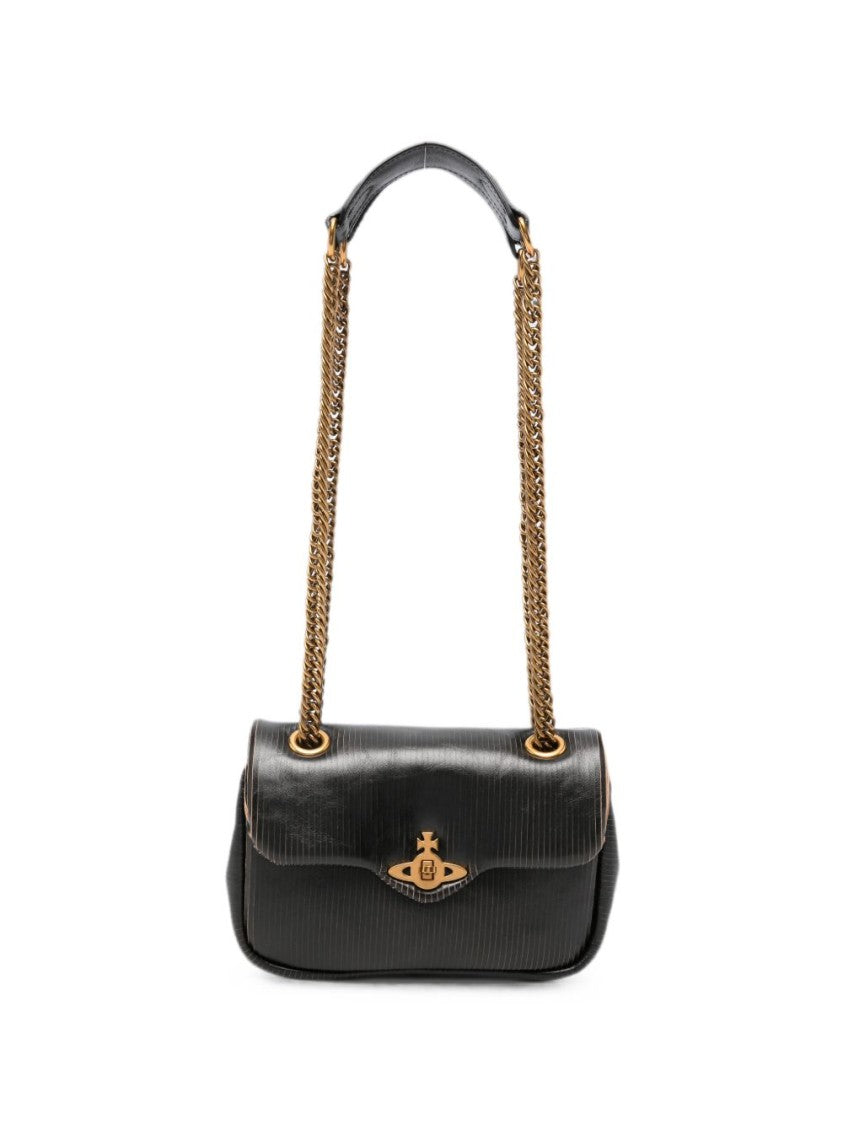 Vivienne Westwood Rectangular Black Flap Bag With Gold Emblem And Chain Straps