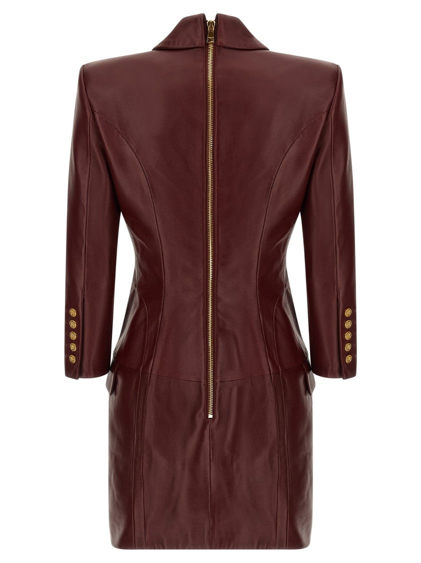 Balmain Burgundy Leather Mini Blazer Dress With Tailored Silhouette