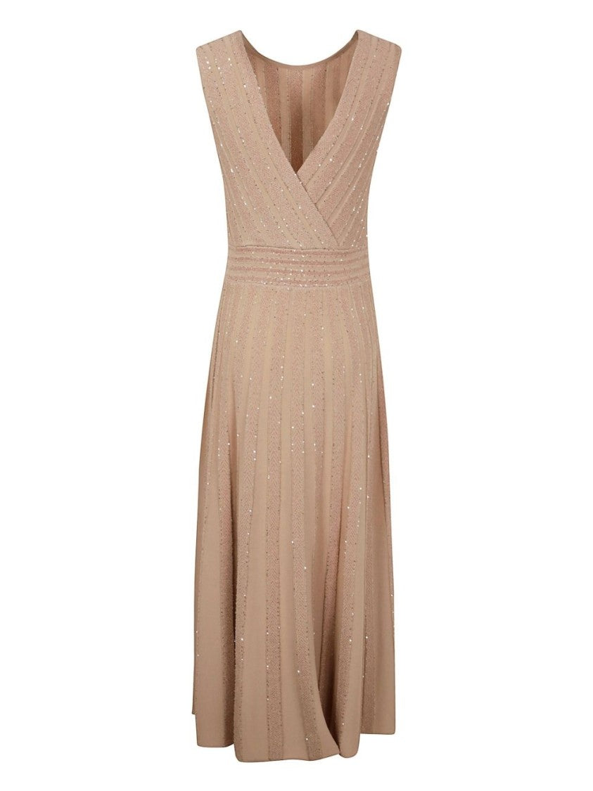 D. Exterior V-Neck Blush Beige Evening Dress