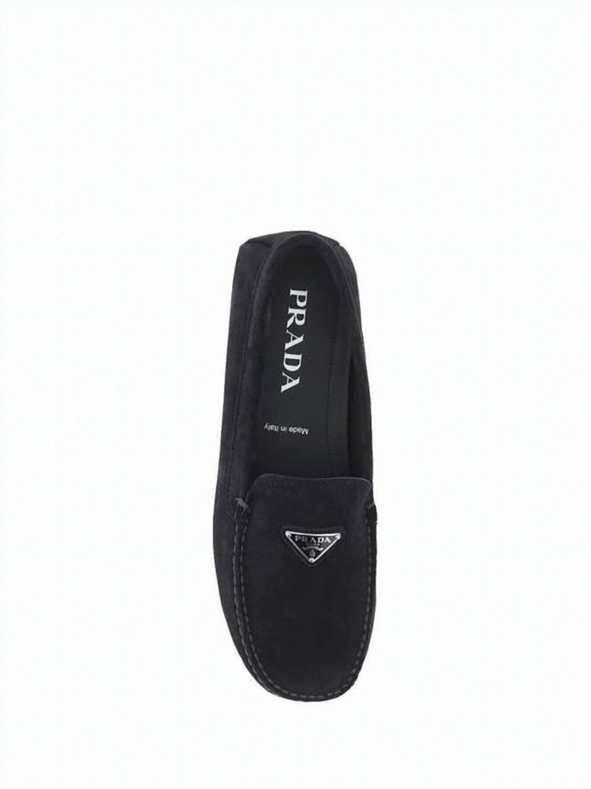 Prada Suede Loafers With Rubber Sole And Metallic Detail