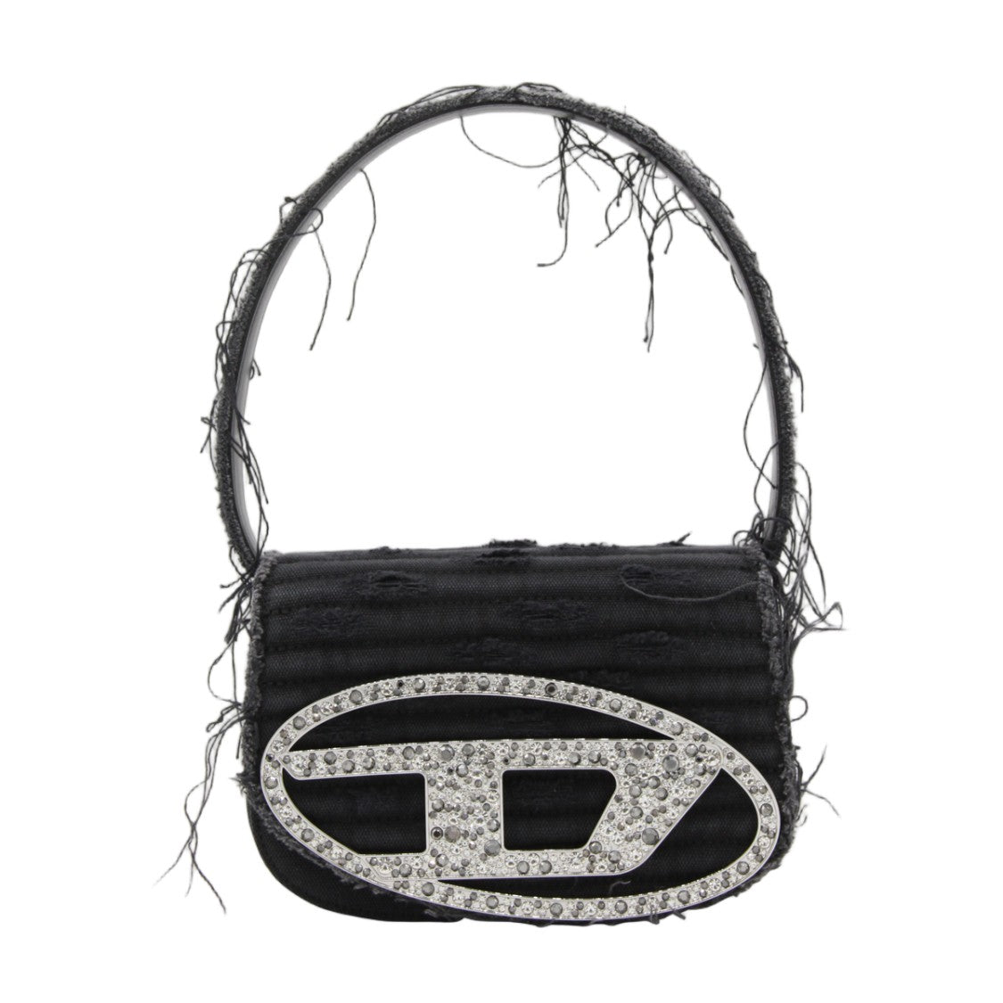 Diesel Textured Black Handbag With Crystal-Studded Oval Embellishment
