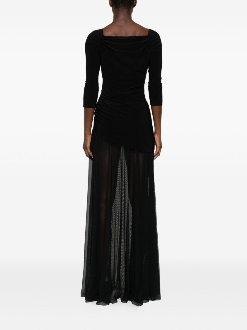 Norma Kamali Layered Black Maxi Dress With Draped Neckline And Sheer Overlay