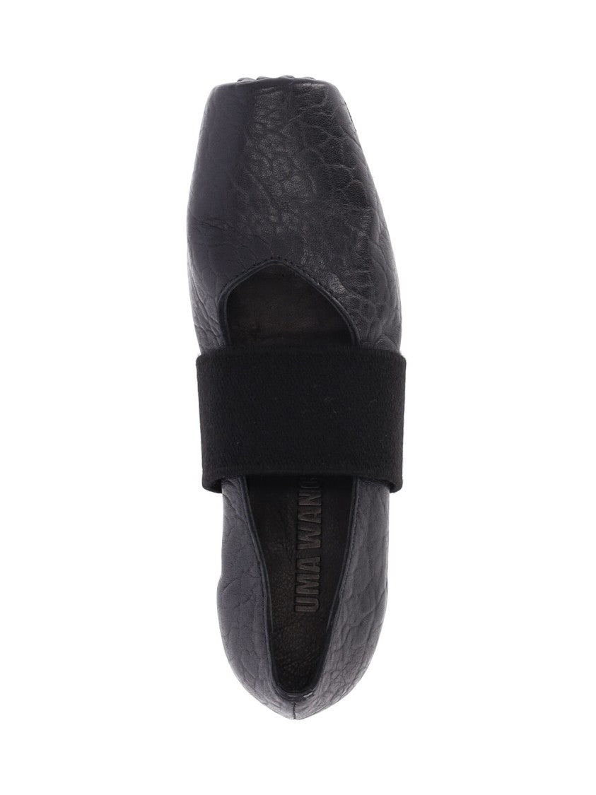 Uma Wang Black Squared-Toe Leather Cross-Strap Flats