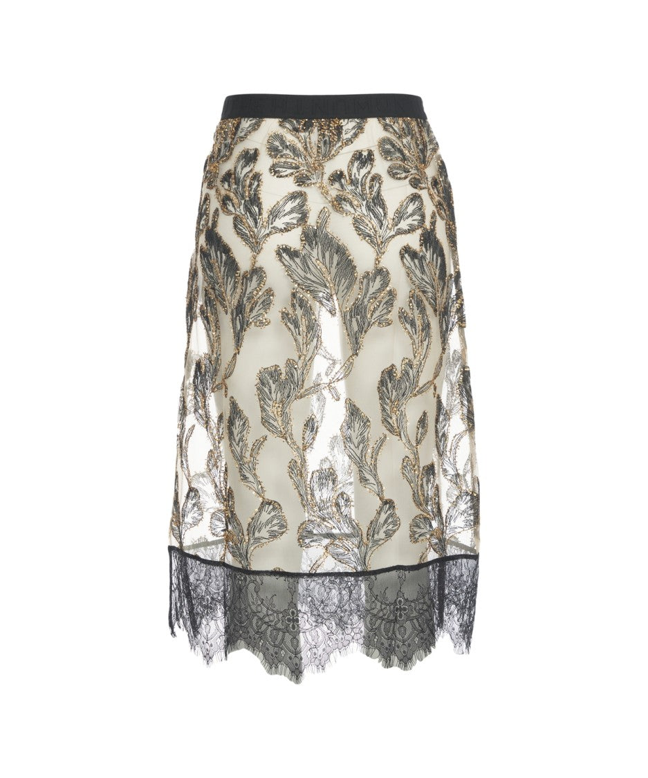 Munthe Embroidered Midi Skirt With Sheer Fabric And Lace Trim
