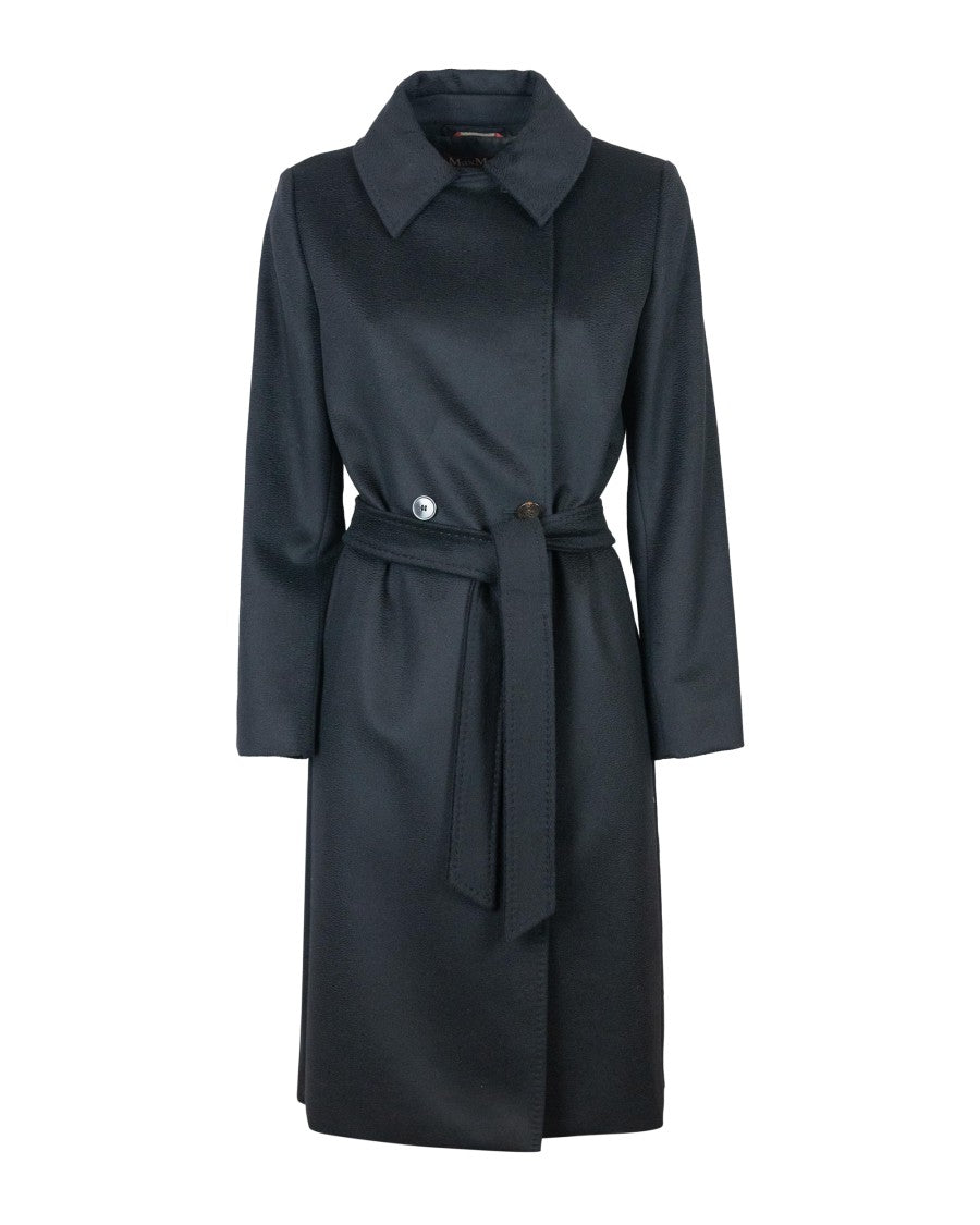 Max Mara Long Black Wool Wrap Coat With Double Collar And Back Slit