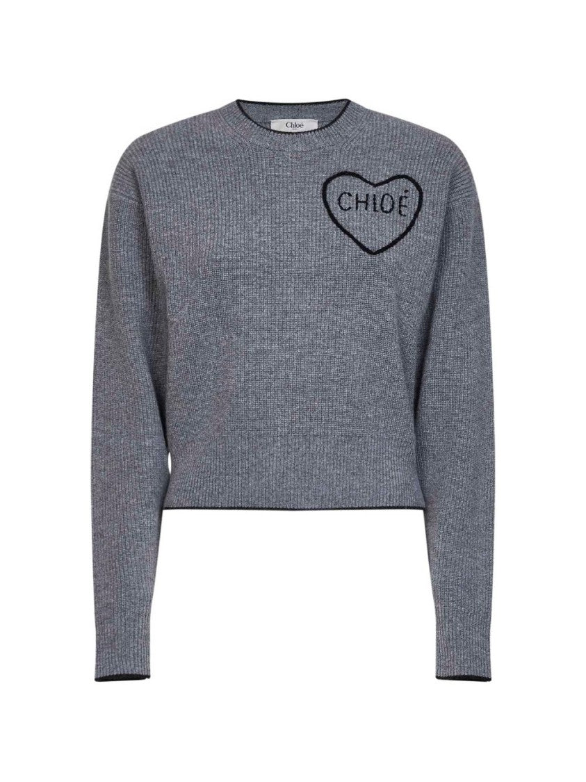 Chloé Cropped Knit Embroidered Heart Sweater