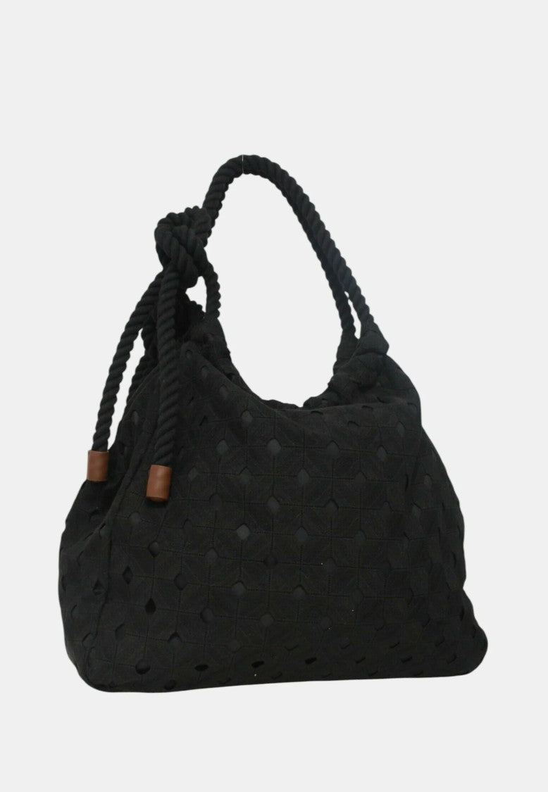 Max Mara Spacious Black Handbag With Textured Geometric Cut-Out Pattern