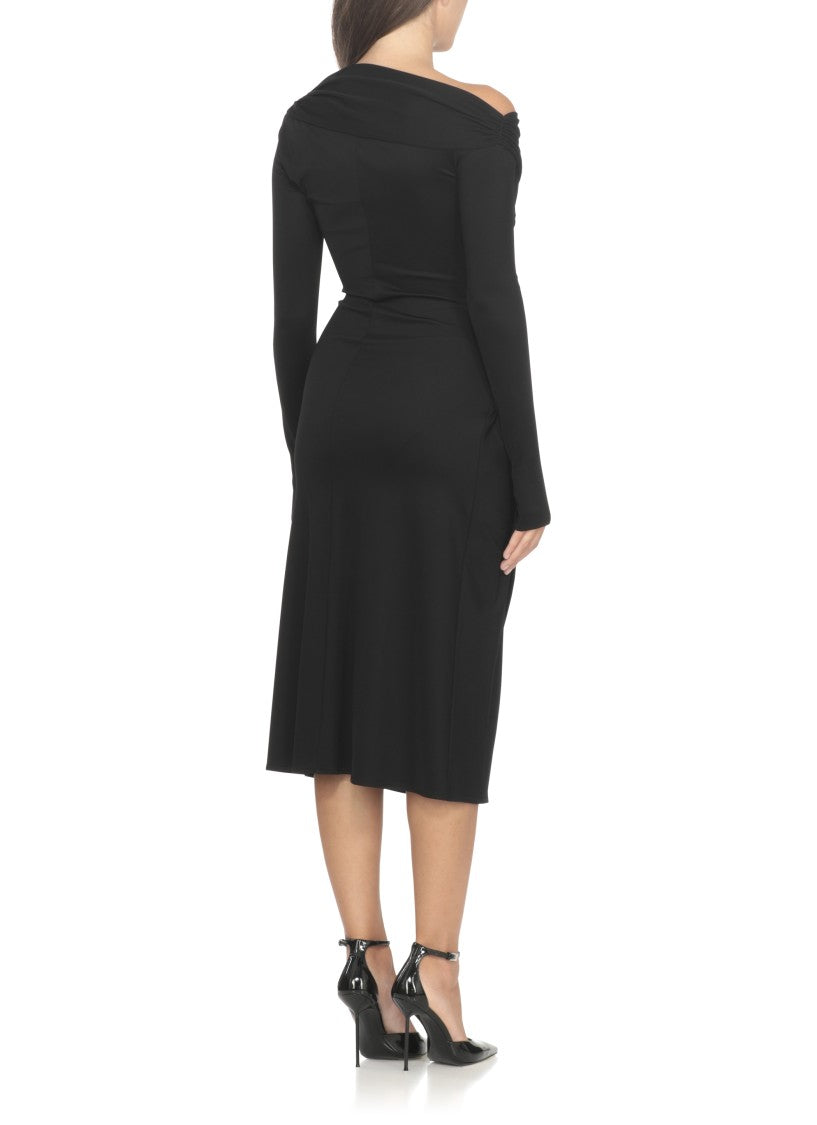 Elisabetta Franchi Black V-Neck Midi Dress With Metallic Accents