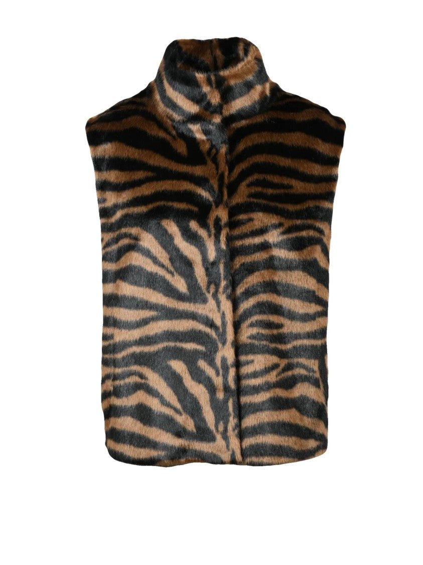 Mc2 Saint Barth Tiger Stripe Pattern Faux Fur Vest With High Collar