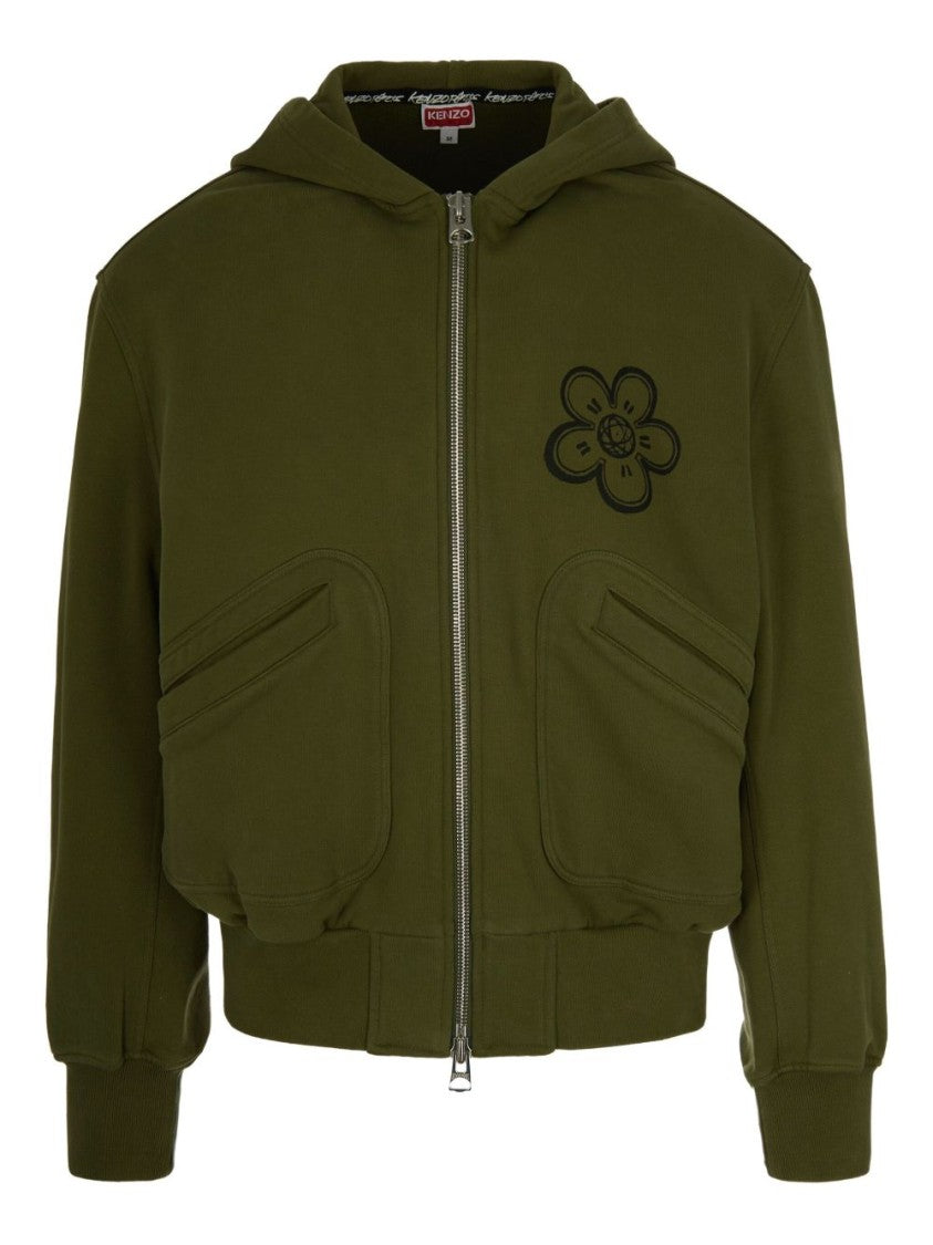 Kenzo Olive Green Full-Zip Hoodie With Floral Print