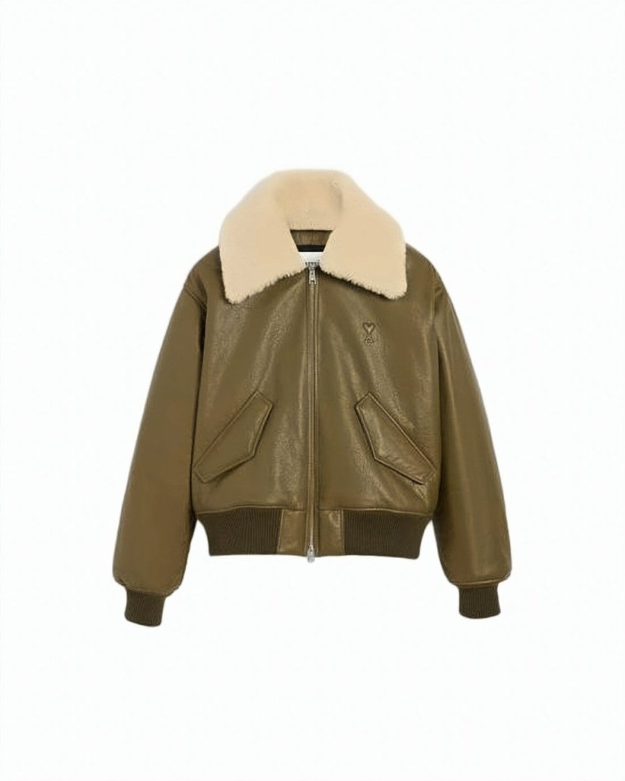 Ami Paris Cropped Leather Jacket