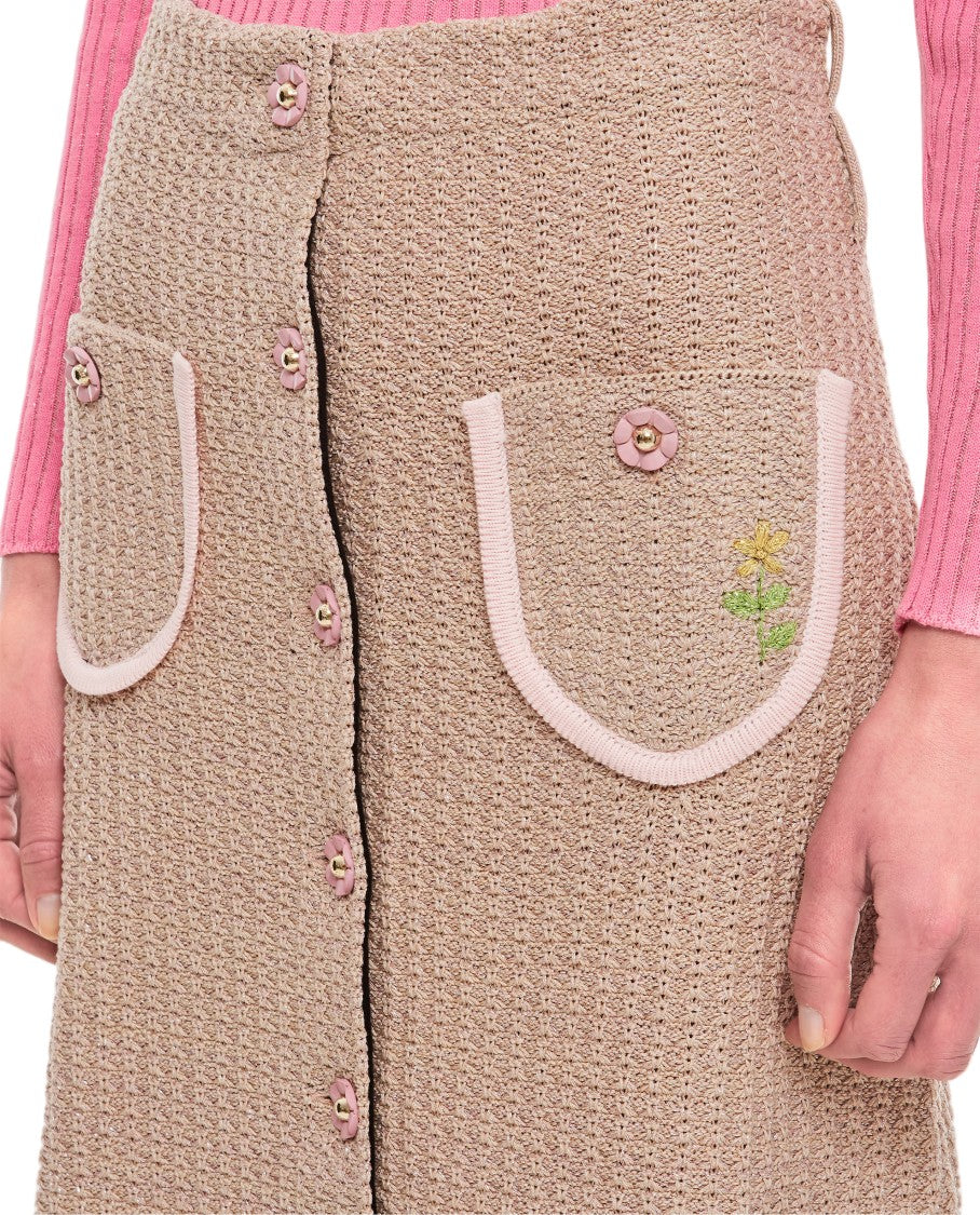 Cormio Beige Knit Midi Skirt With Embroidered Flower Pockets