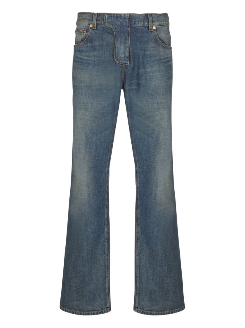 Balmain Washed Dark Blue Gold-Hardware Straight-Leg Jeans
