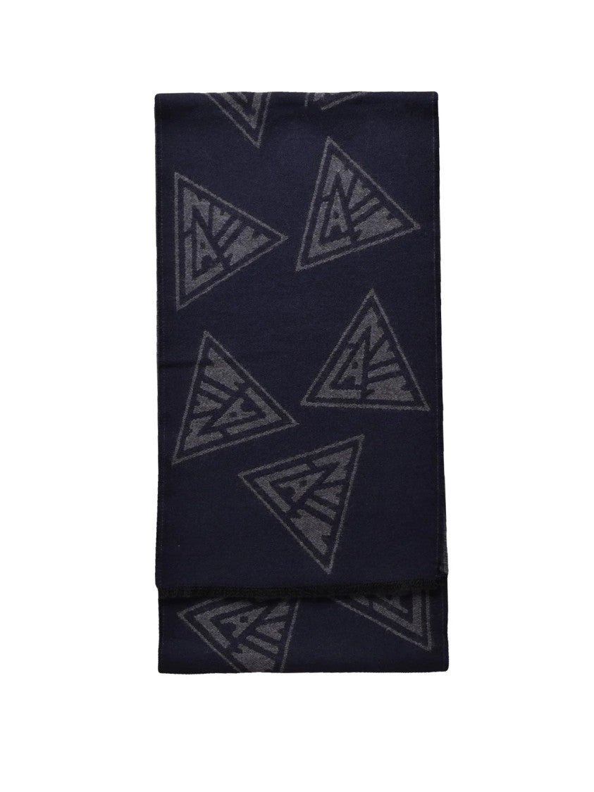 Lanvin Navy Blue Wool Geometric Scarf