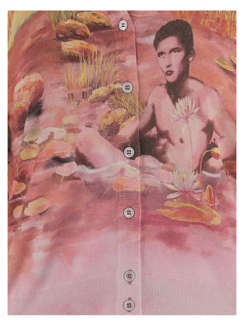 Versace Naturist Print Silk Cardigan With V-Neck