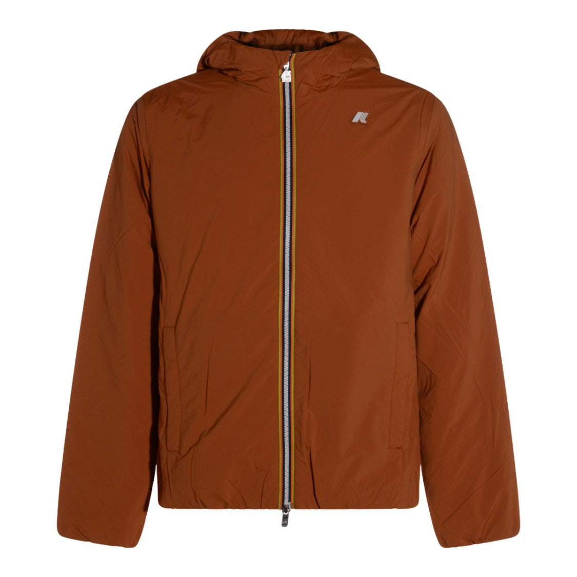 K-Way Brown Jacket With Multicolor Trim And Hoodie