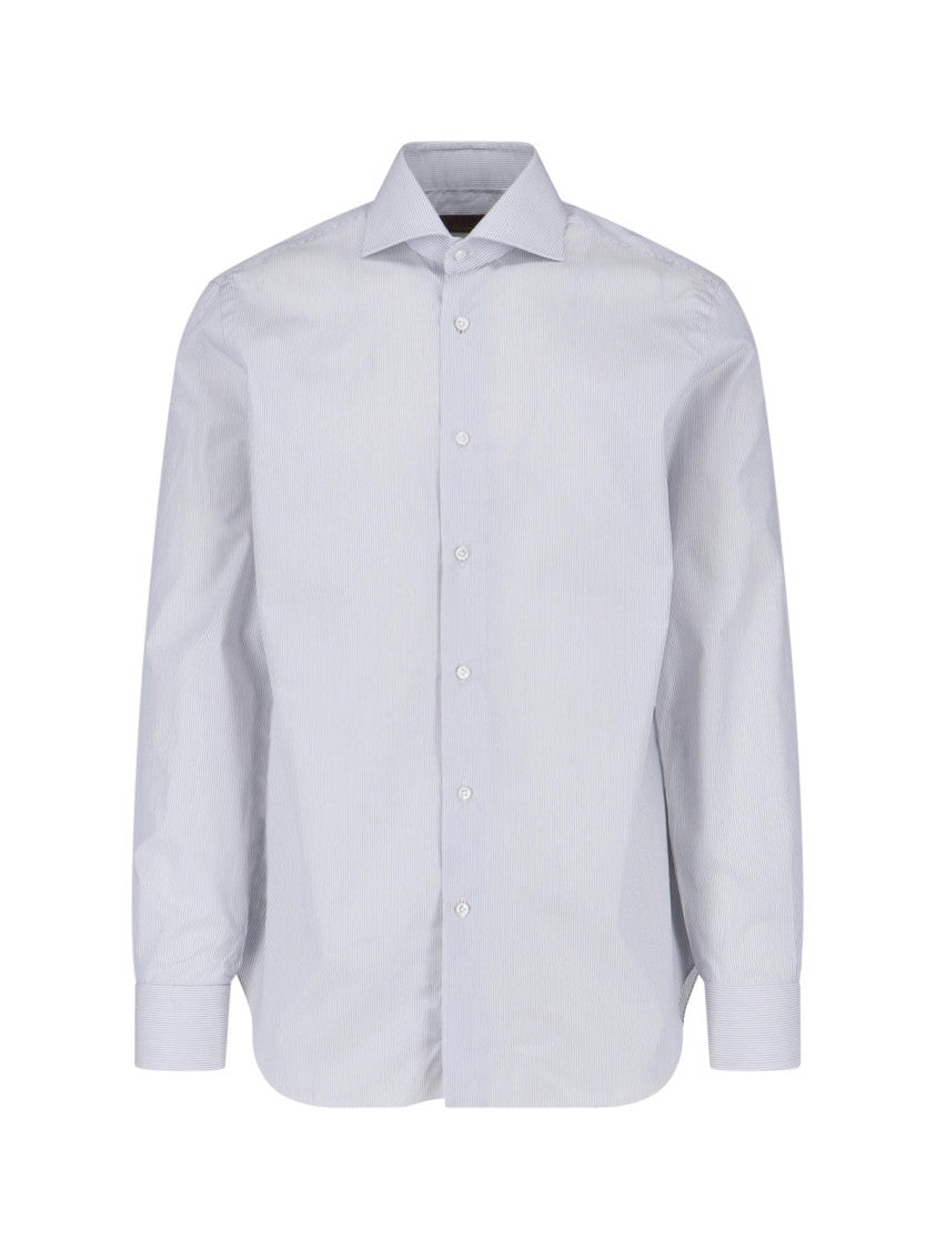 Barba Napoli White Striped Cotton Classic Collar Shirt