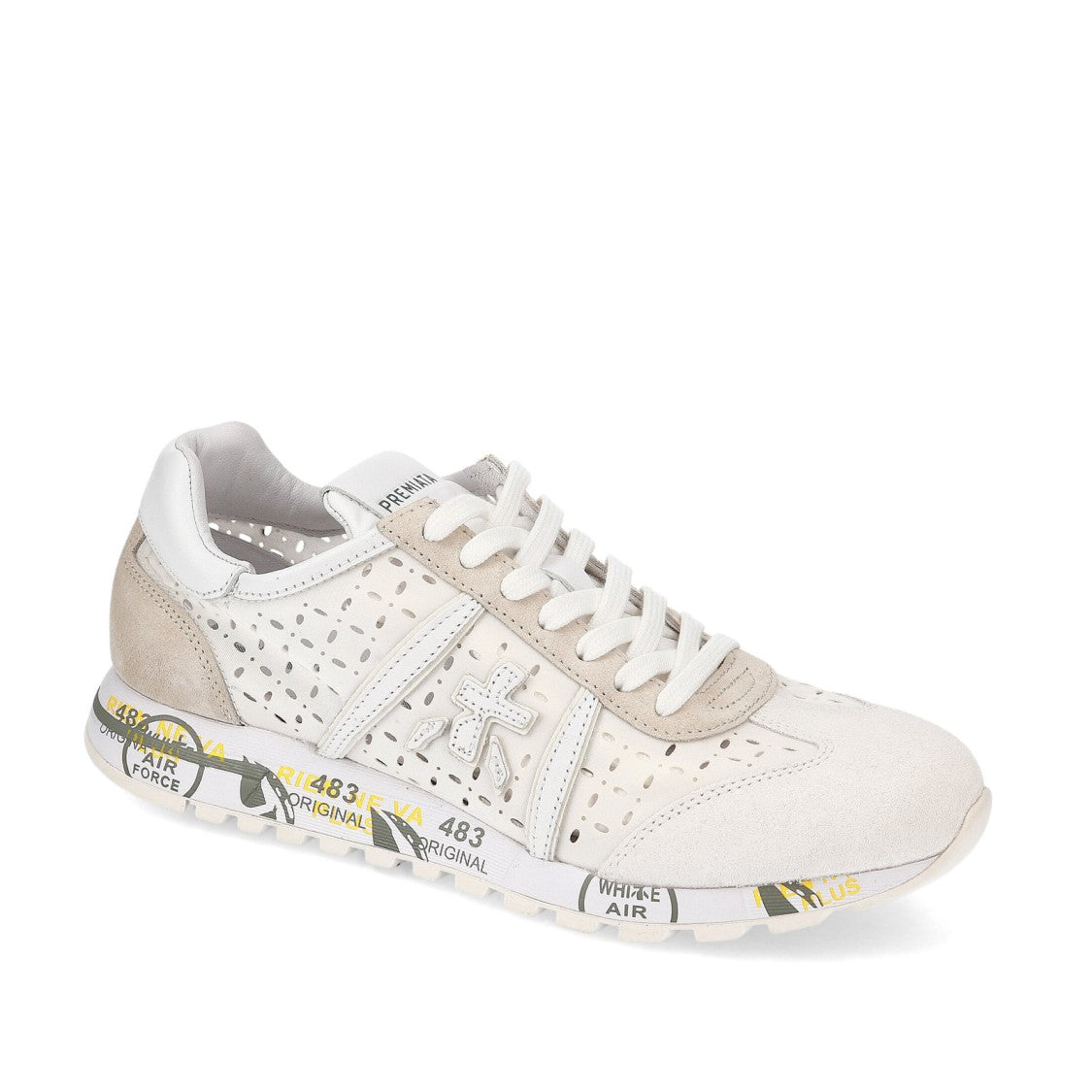 Premiata Lucy Sneakers In Laser-Cut Leather And White Suede