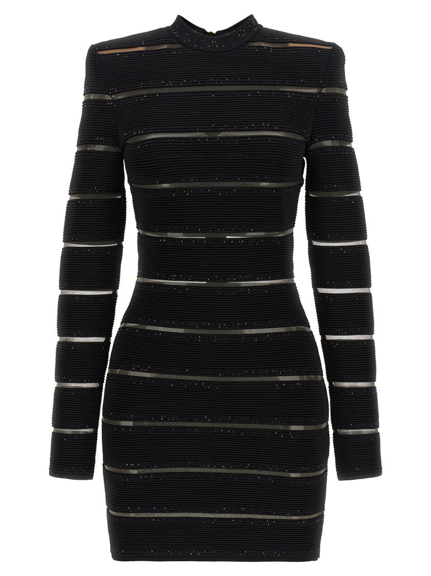 Balmain Fitted Black Mini Dress With Mesh Inserts And Sequin Detailing