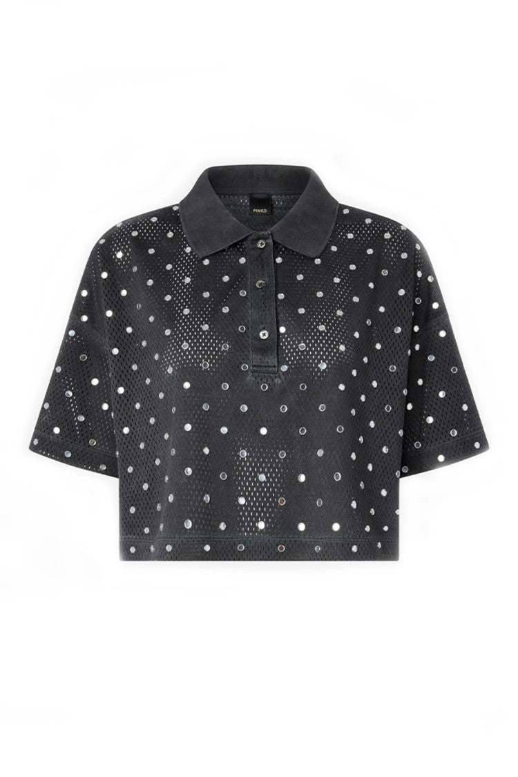 Pinko Black Polyester Sequin-Dot Cropped Polo