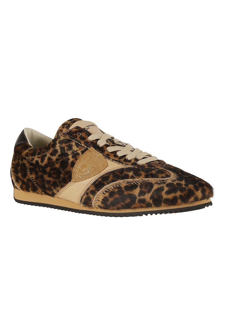 Philippe Model Black Beige Planche Low Animal Print Leather Sneakers