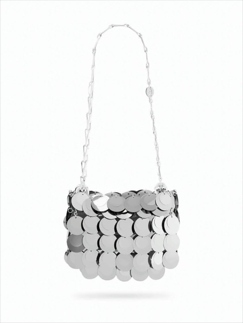 Paco Rabanne Futuristic Silver Disc Clutch With Chain Strap