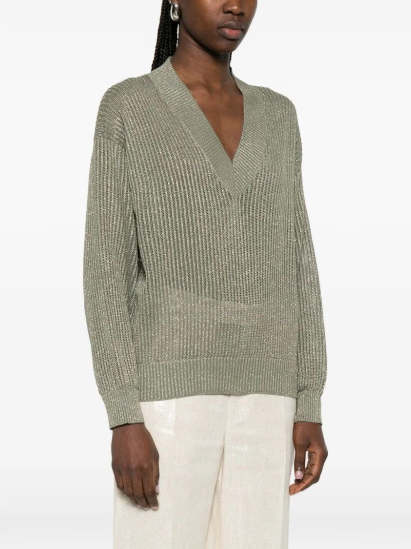 Brunello Cucinelli Green Ribbed Knit Cotton-Viscose Sweater