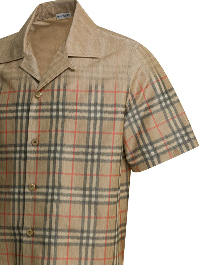 Burberry Short-Sleeved Button-Down Shirt With Plaid Pattern And Subtle Sheen