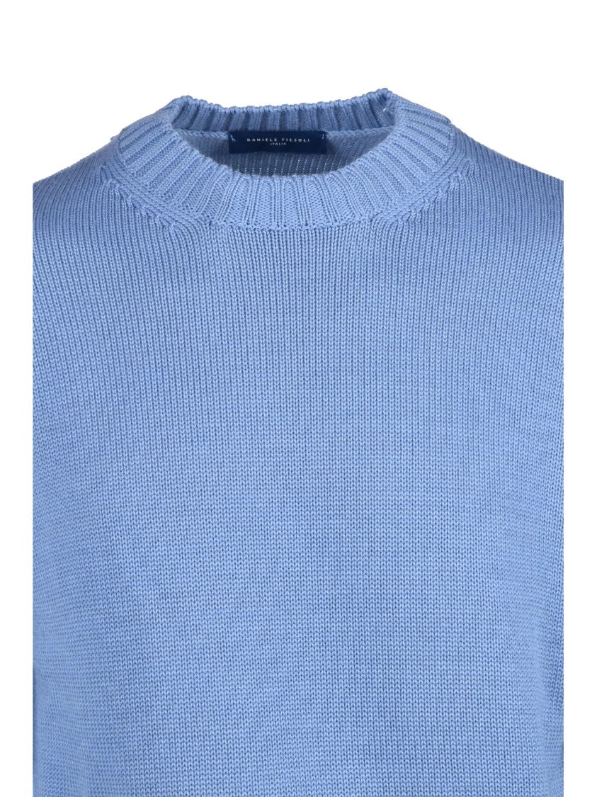 Daniele Fiesoli Light Blue Crew Neck Sweater With Ribbed Details